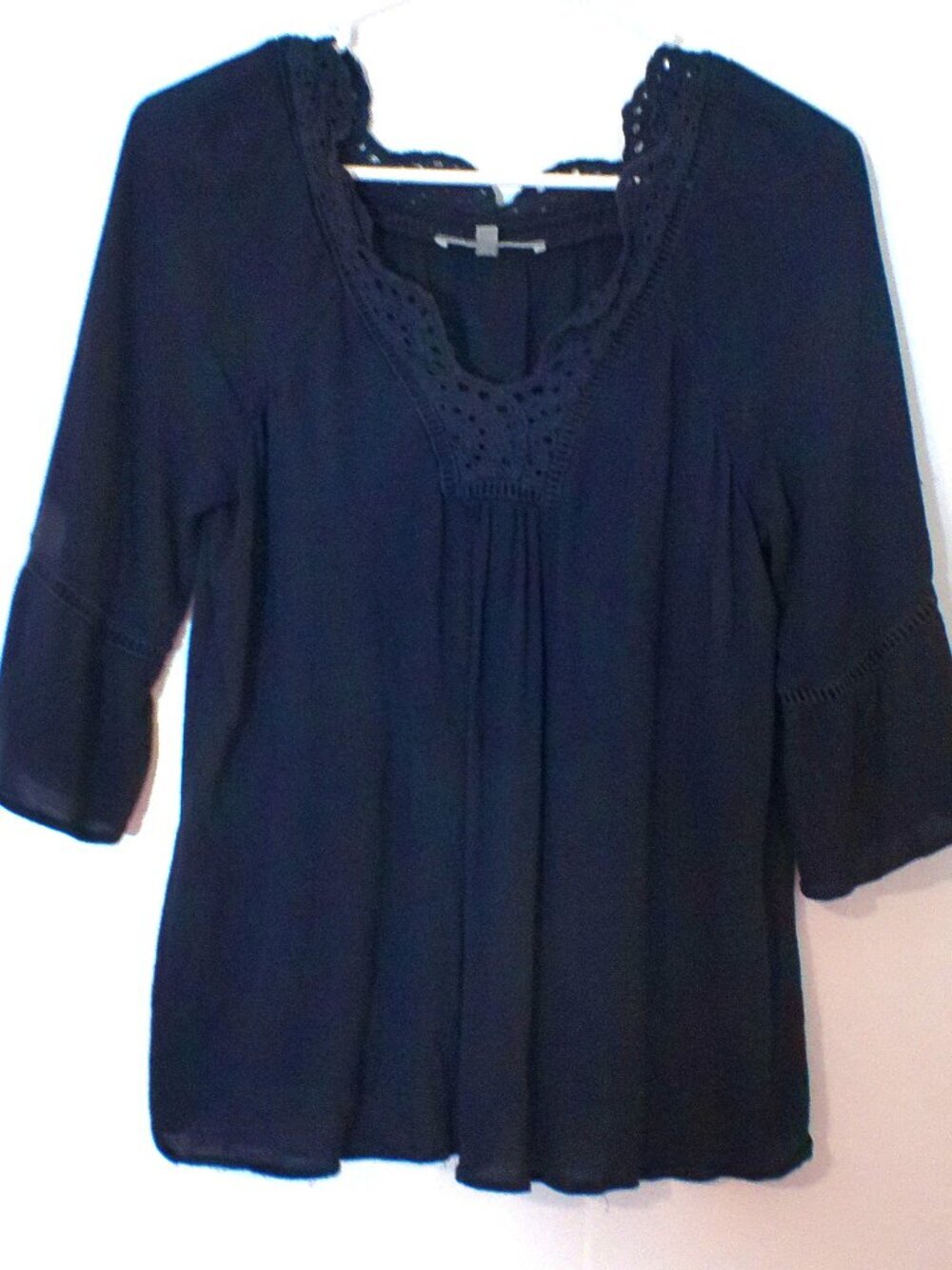 Daniel Rainn Blouse Medium Navy Blue Lace Trim Flowy Boho Peasant Top